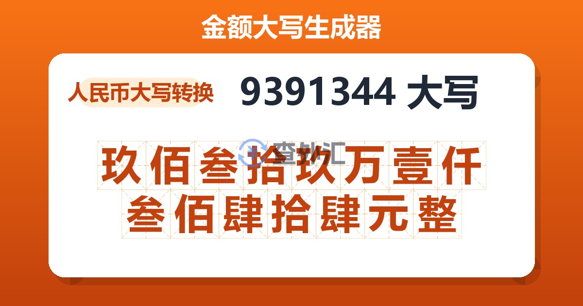 9391344大写 玖佰叁拾玖万壹仟叁佰肆拾肆元整