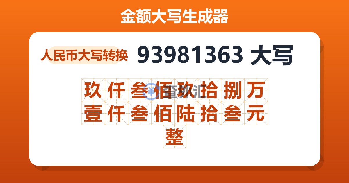 93981363大写 玖仟叁佰玖拾捌万壹仟叁佰陆拾叁元整