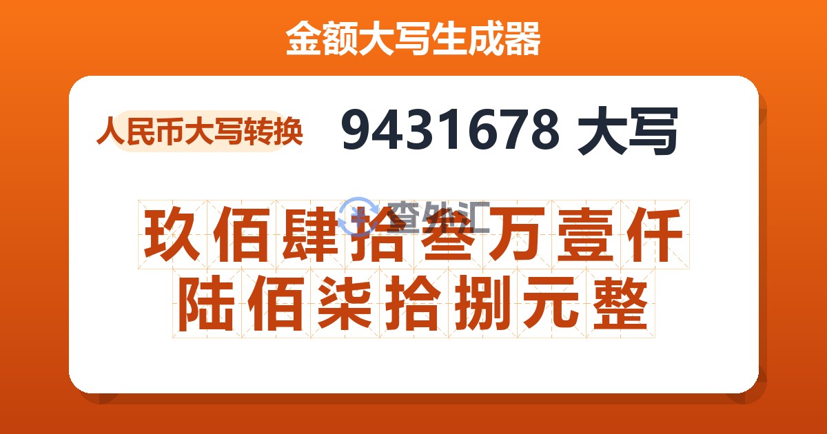 9431678大写 玖佰肆拾叁万壹仟陆佰柒拾捌元整