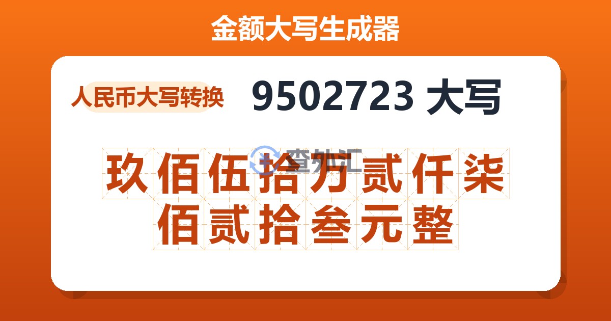 9502723大写 玖佰伍拾万贰仟柒佰贰拾叁元整