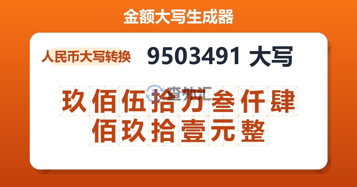 9503491大写 玖佰伍拾万叁仟肆佰玖拾壹元整