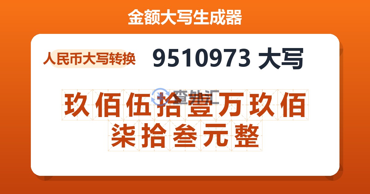 9510973大写 玖佰伍拾壹万玖佰柒拾叁元整