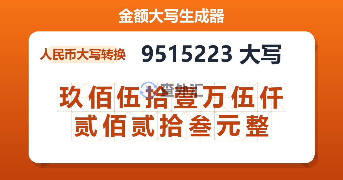 9515223大写 玖佰伍拾壹万伍仟贰佰贰拾叁元整
