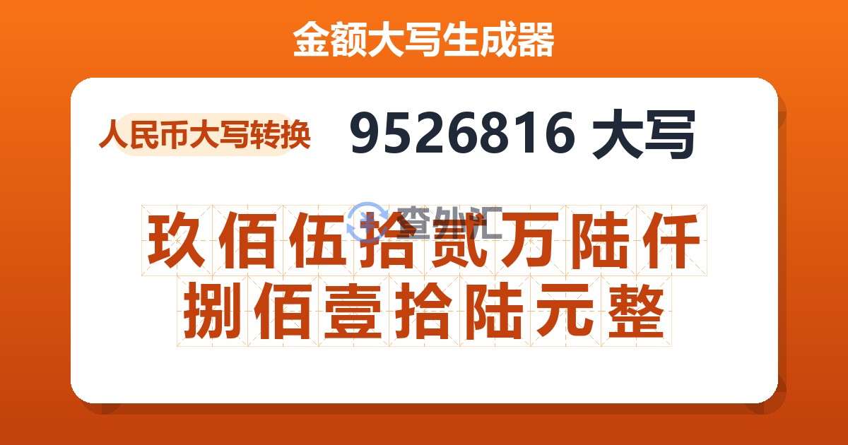 9526816大写 玖佰伍拾贰万陆仟捌佰壹拾陆元整