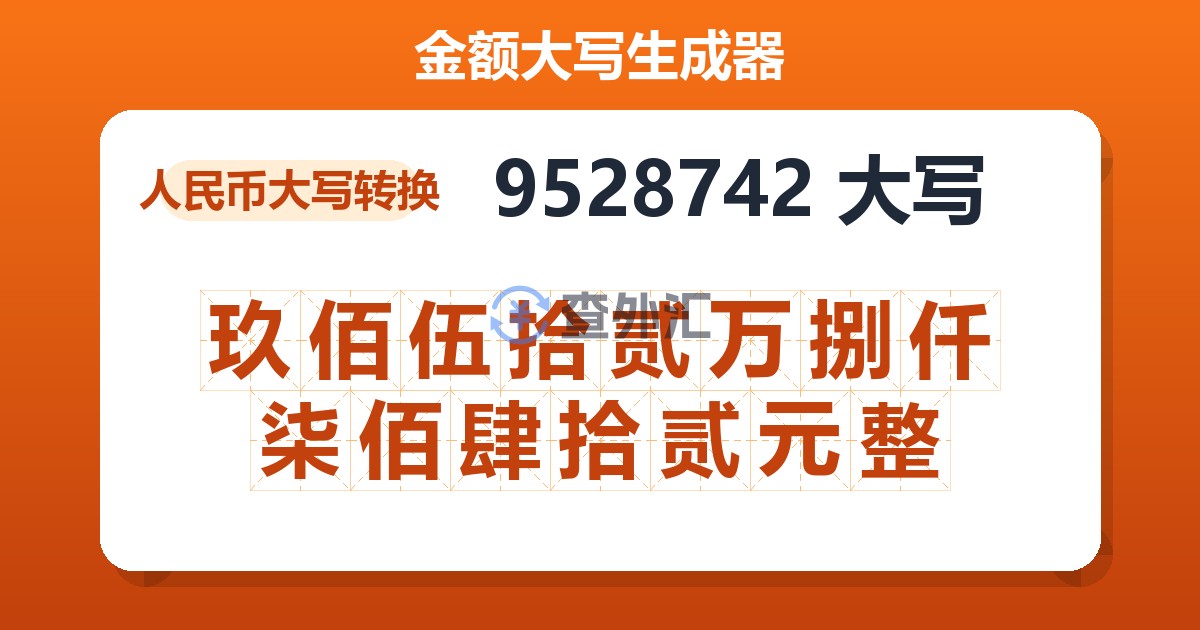 9528742大写 玖佰伍拾贰万捌仟柒佰肆拾贰元整
