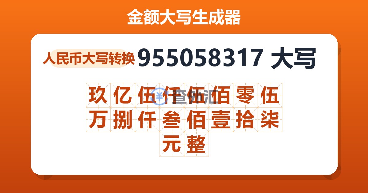 955058317大写 玖亿伍仟伍佰零伍万捌仟叁佰壹拾柒元整