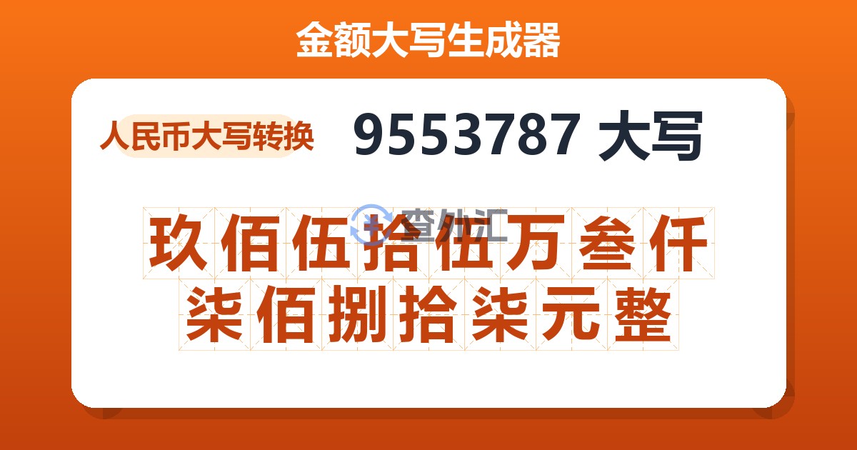 9553787大写 玖佰伍拾伍万叁仟柒佰捌拾柒元整