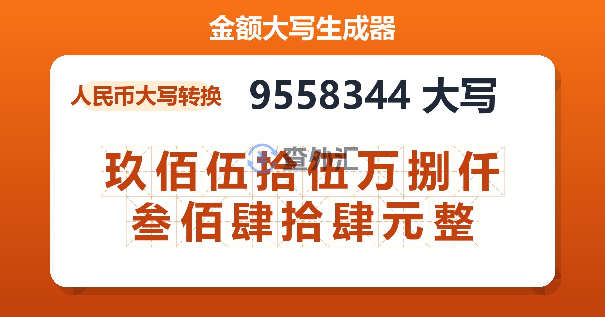 9558344大写 玖佰伍拾伍万捌仟叁佰肆拾肆元整