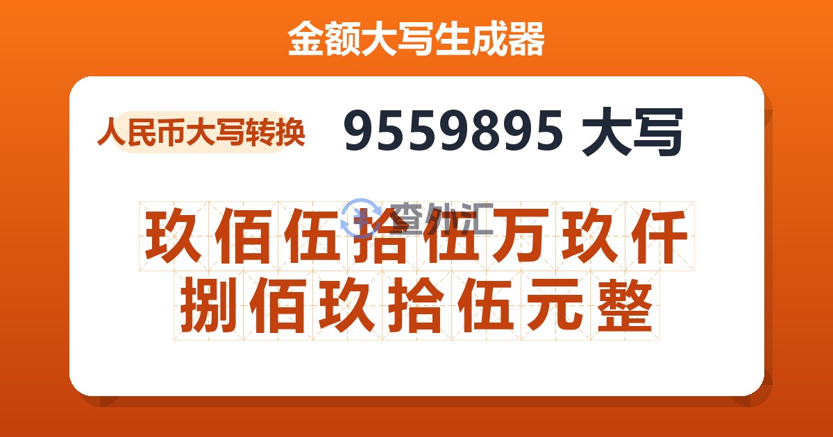 9559895大写 玖佰伍拾伍万玖仟捌佰玖拾伍元整