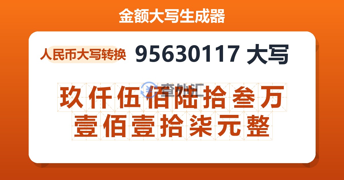 95630117大写 玖仟伍佰陆拾叁万壹佰壹拾柒元整