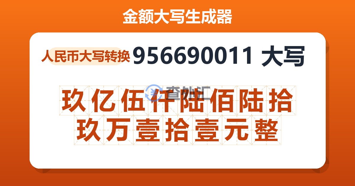 956690011大写 玖亿伍仟陆佰陆拾玖万壹拾壹元整