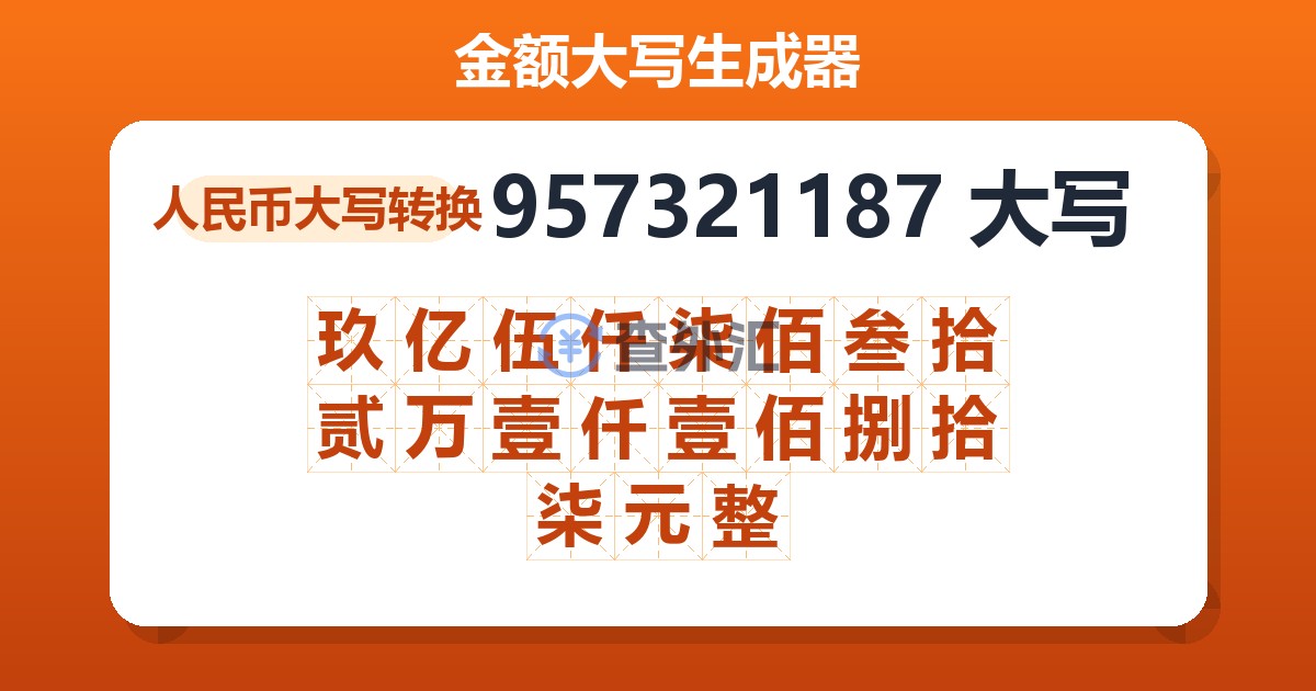 957321187大写 玖亿伍仟柒佰叁拾贰万壹仟壹佰捌拾柒元整