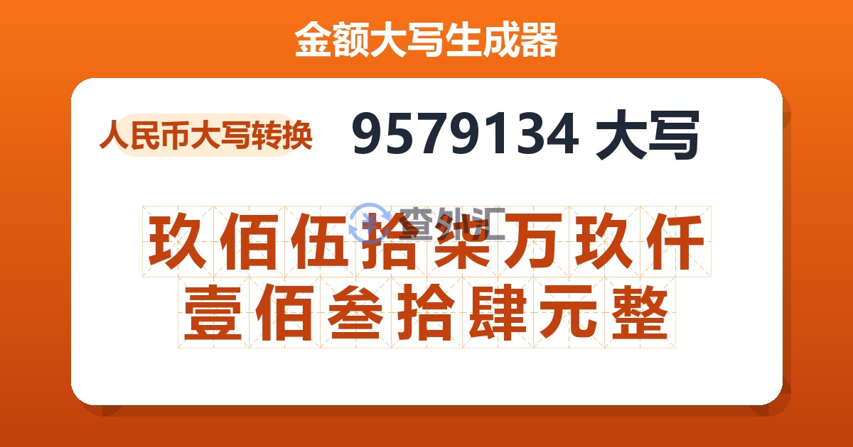 9579134大写 玖佰伍拾柒万玖仟壹佰叁拾肆元整