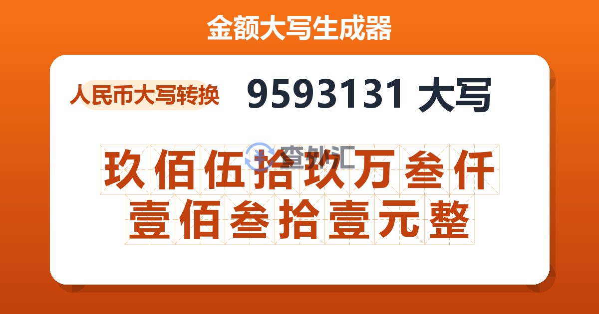 9593131大写 玖佰伍拾玖万叁仟壹佰叁拾壹元整