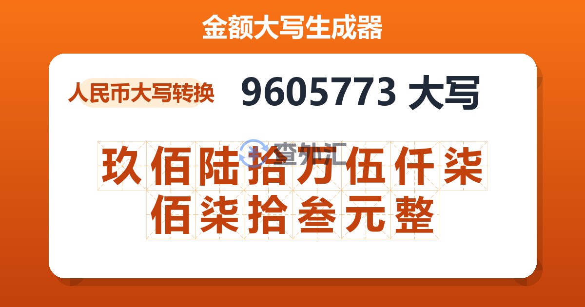 9605773大写 玖佰陆拾万伍仟柒佰柒拾叁元整