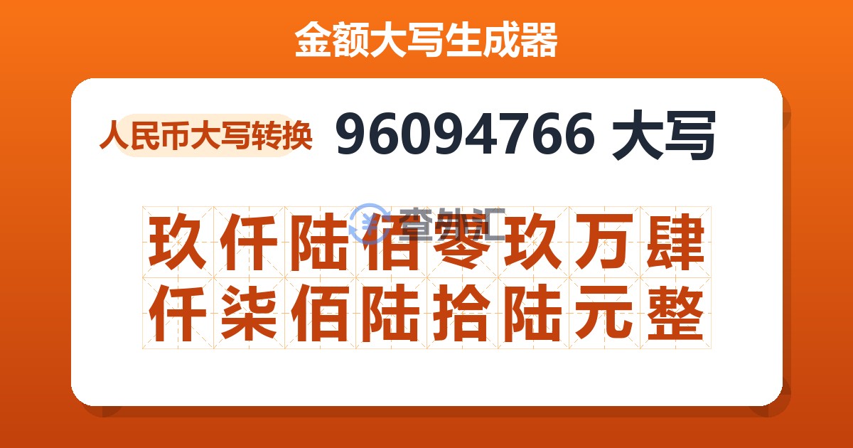 96094766大写 玖仟陆佰零玖万肆仟柒佰陆拾陆元整