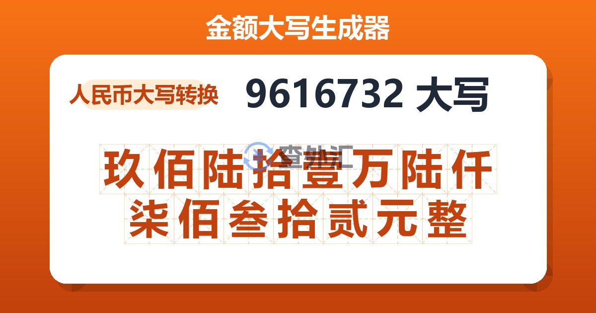 9616732大写 玖佰陆拾壹万陆仟柒佰叁拾贰元整