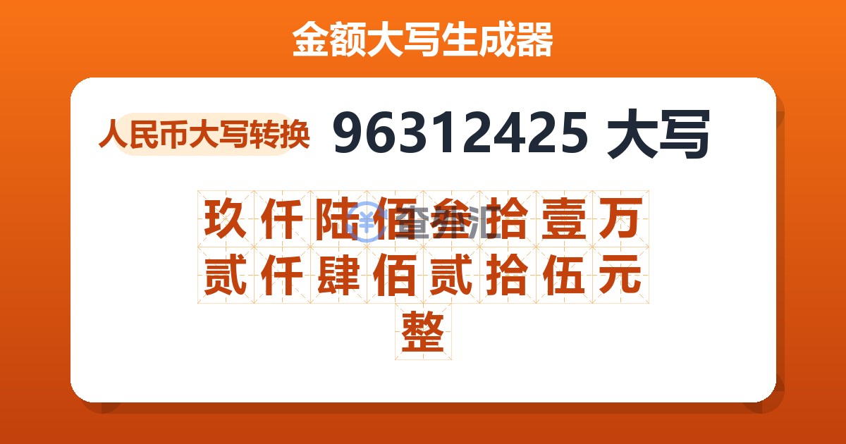 96312425大写 玖仟陆佰叁拾壹万贰仟肆佰贰拾伍元整