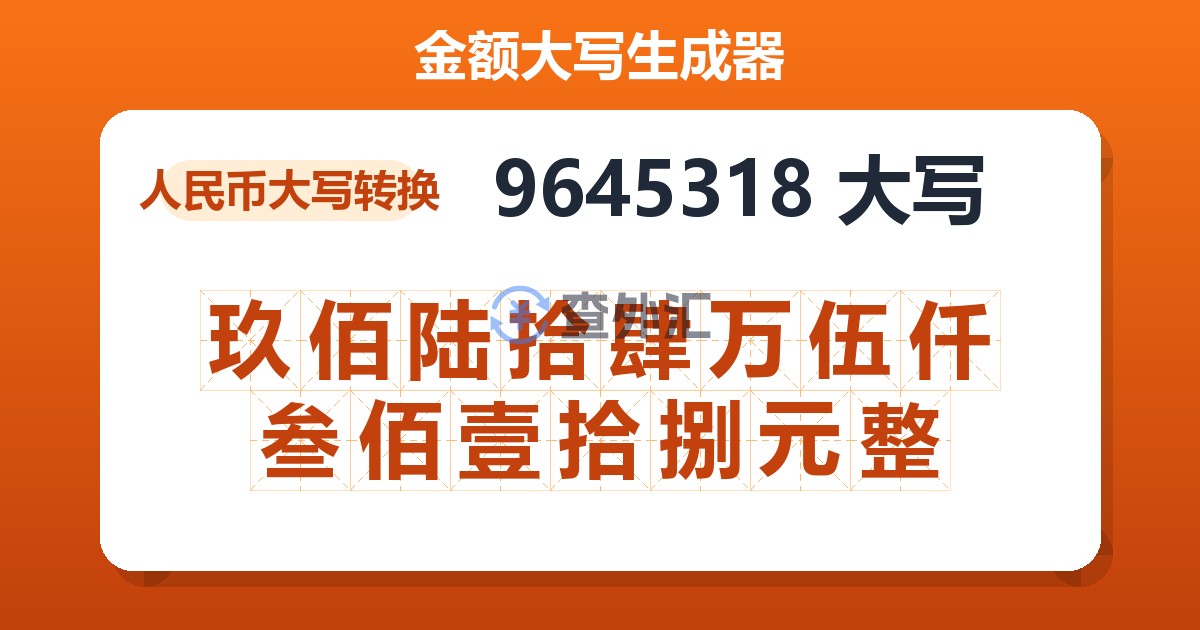 9645318大写 玖佰陆拾肆万伍仟叁佰壹拾捌元整