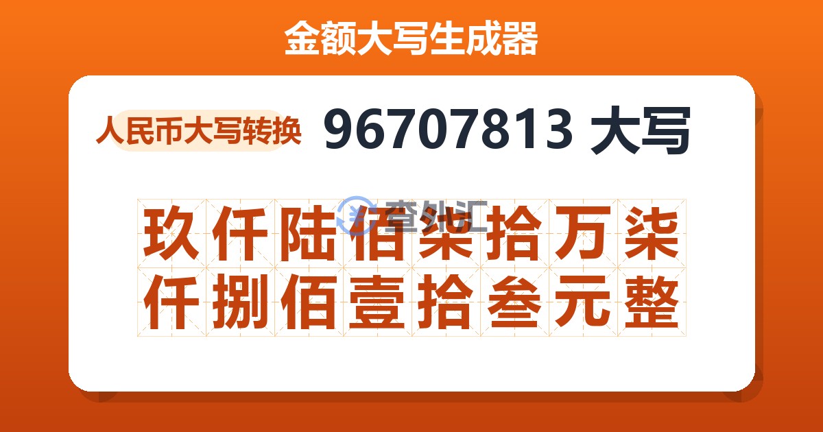 96707813大写 玖仟陆佰柒拾万柒仟捌佰壹拾叁元整