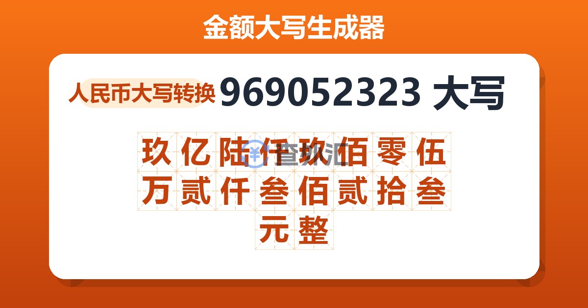 969052323大写 玖亿陆仟玖佰零伍万贰仟叁佰贰拾叁元整