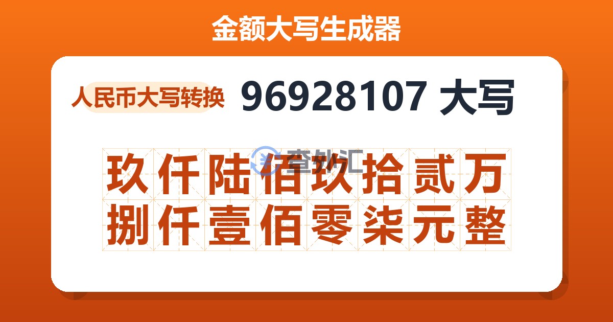 96928107大写 玖仟陆佰玖拾贰万捌仟壹佰零柒元整