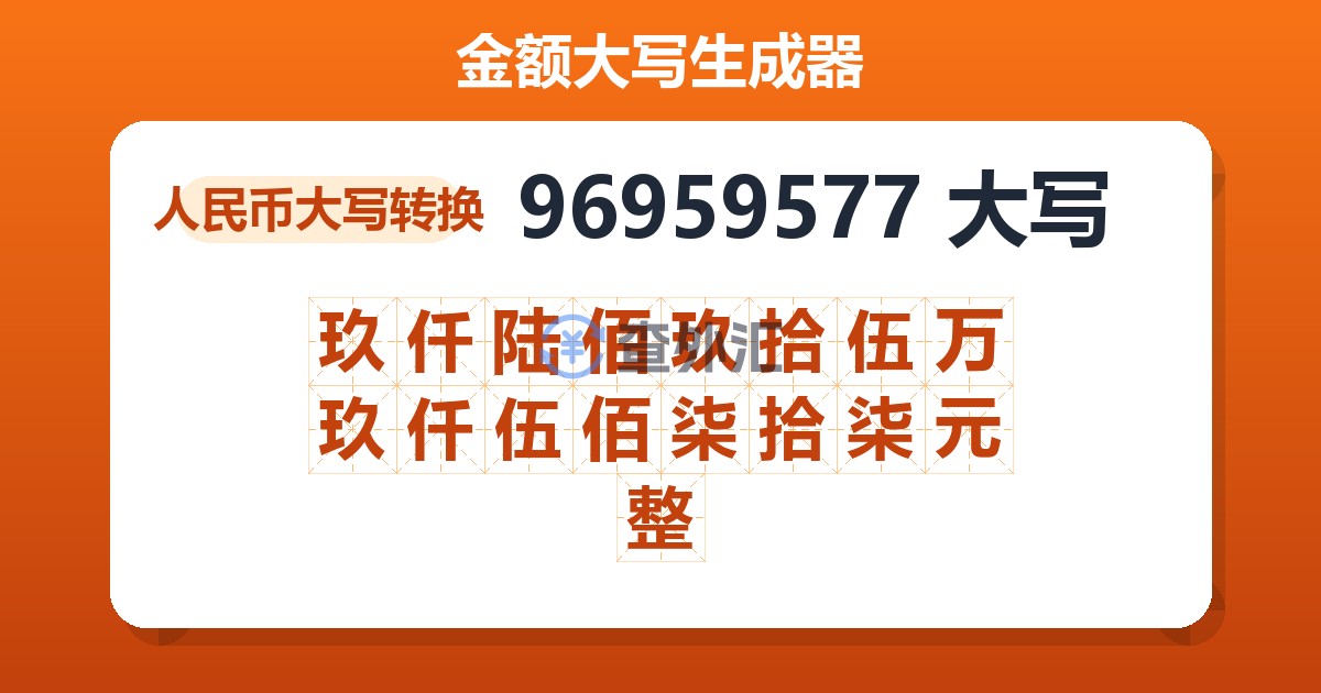 96959577大写 玖仟陆佰玖拾伍万玖仟伍佰柒拾柒元整