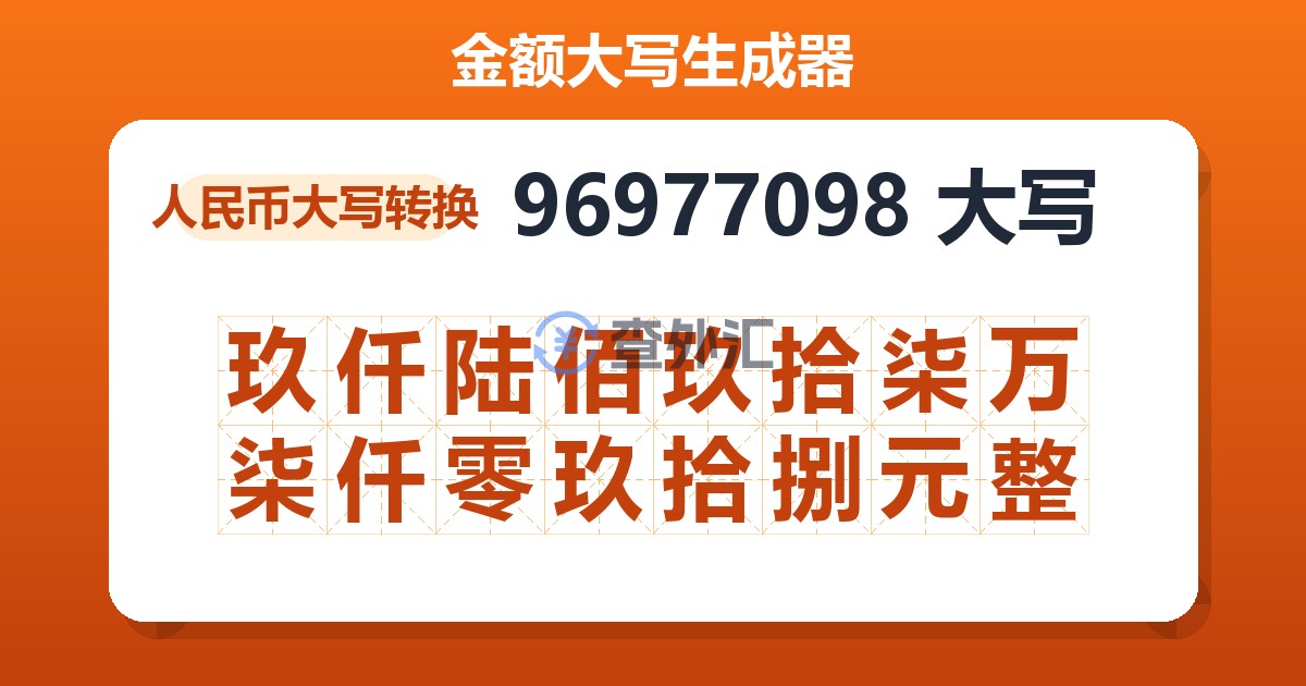 96977098大写 玖仟陆佰玖拾柒万柒仟零玖拾捌元整