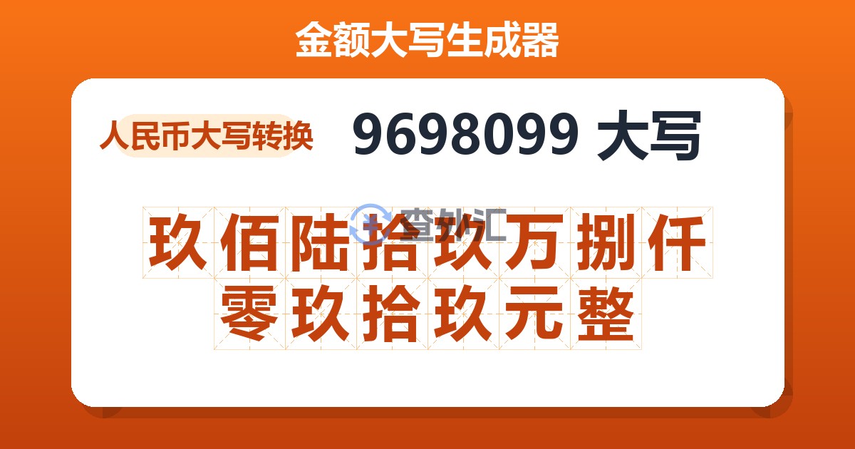 9698099大写 玖佰陆拾玖万捌仟零玖拾玖元整