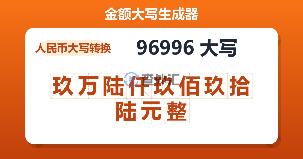 96996大写 玖万陆仟玖佰玖拾陆元整