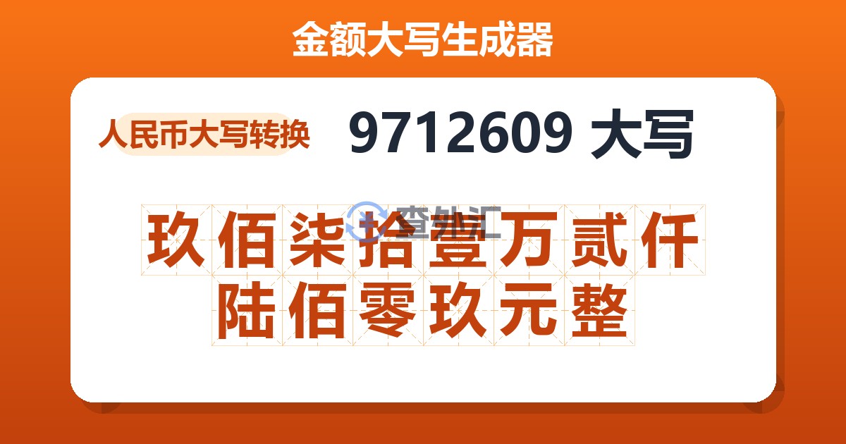 9712609大写 玖佰柒拾壹万贰仟陆佰零玖元整