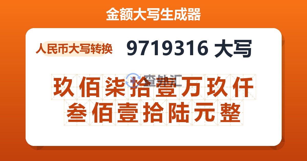 9719316大写 玖佰柒拾壹万玖仟叁佰壹拾陆元整