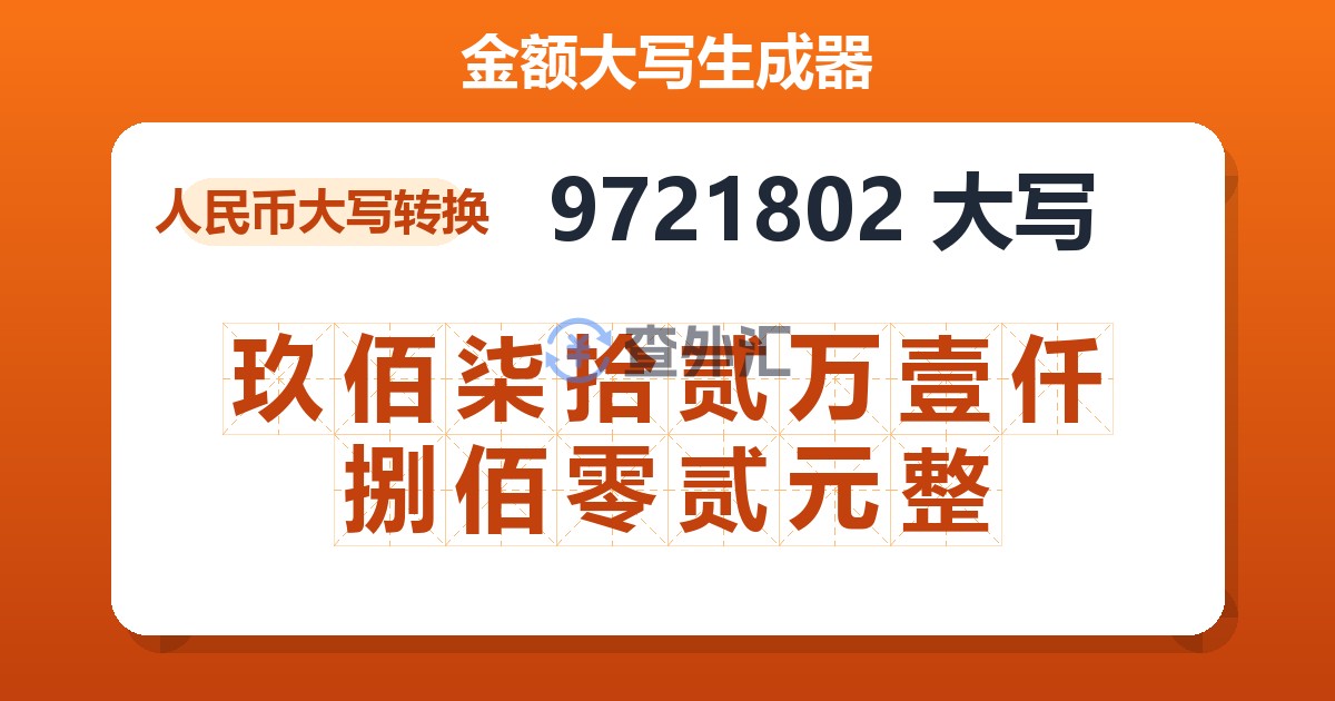 9721802大写 玖佰柒拾贰万壹仟捌佰零贰元整