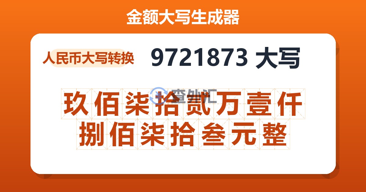 9721873大写 玖佰柒拾贰万壹仟捌佰柒拾叁元整