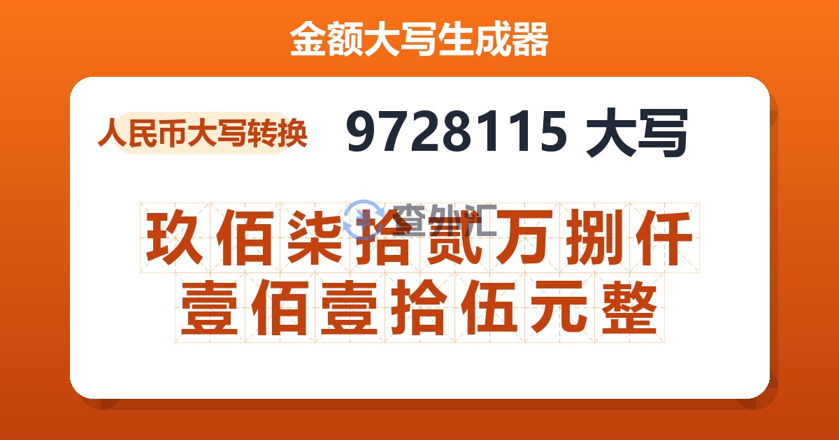 9728115大写 玖佰柒拾贰万捌仟壹佰壹拾伍元整