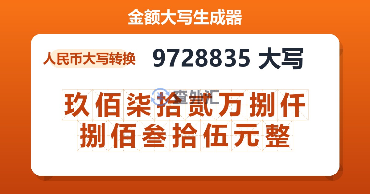 9728835大写 玖佰柒拾贰万捌仟捌佰叁拾伍元整