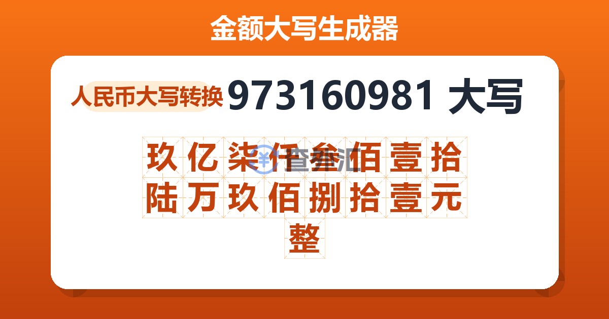 973160981大写 玖亿柒仟叁佰壹拾陆万玖佰捌拾壹元整