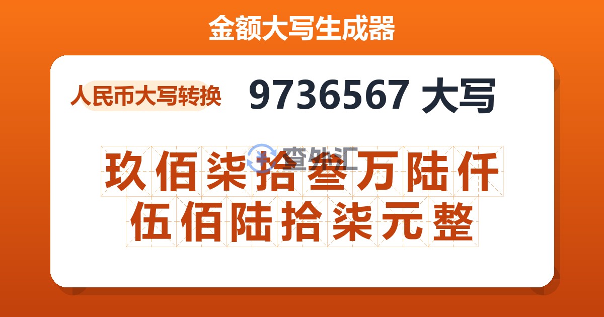 9736567大写 玖佰柒拾叁万陆仟伍佰陆拾柒元整