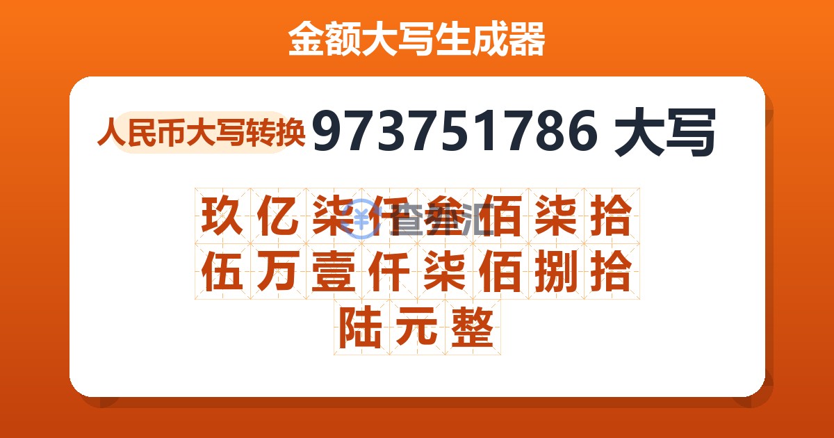 973751786大写 玖亿柒仟叁佰柒拾伍万壹仟柒佰捌拾陆元整