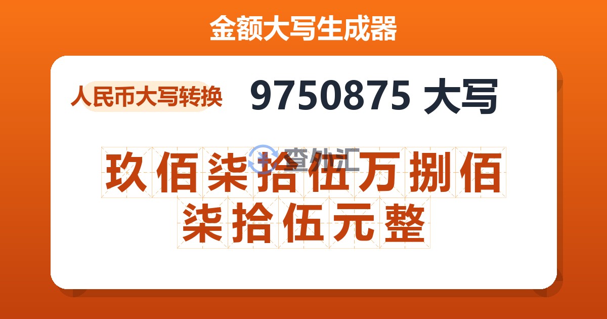 9750875大写 玖佰柒拾伍万捌佰柒拾伍元整
