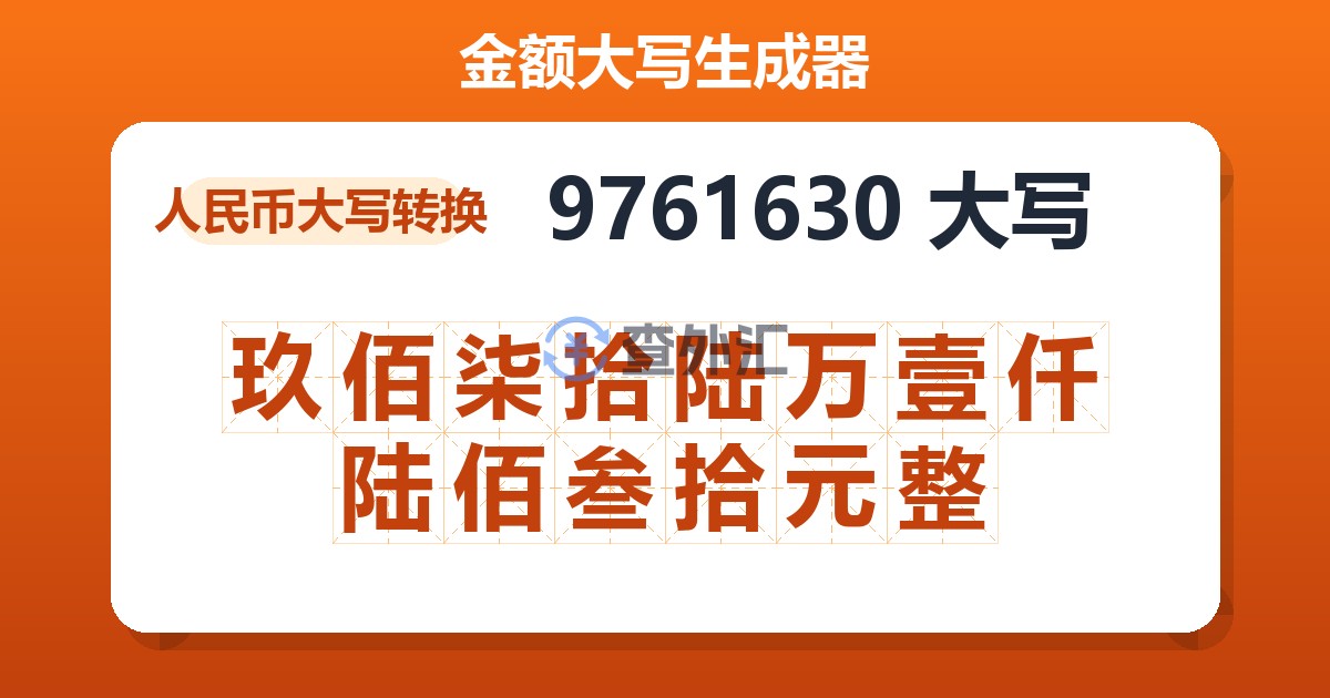 9761630大写 玖佰柒拾陆万壹仟陆佰叁拾元整