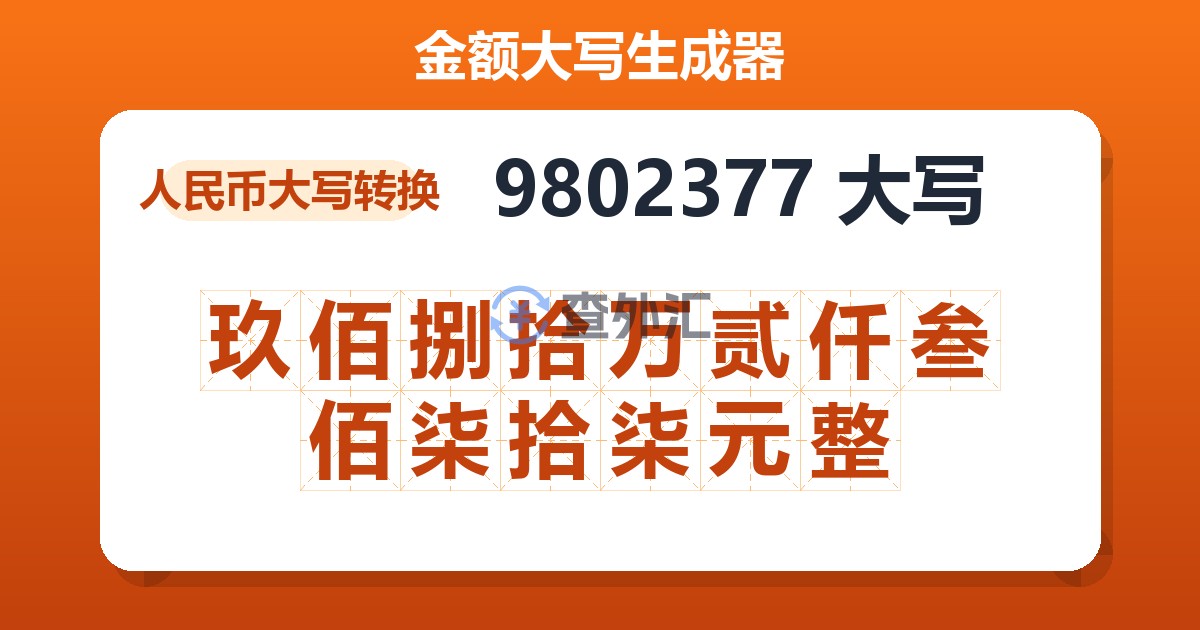 9802377大写 玖佰捌拾万贰仟叁佰柒拾柒元整