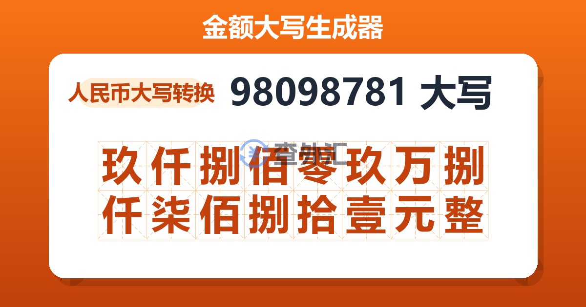 98098781大写 玖仟捌佰零玖万捌仟柒佰捌拾壹元整
