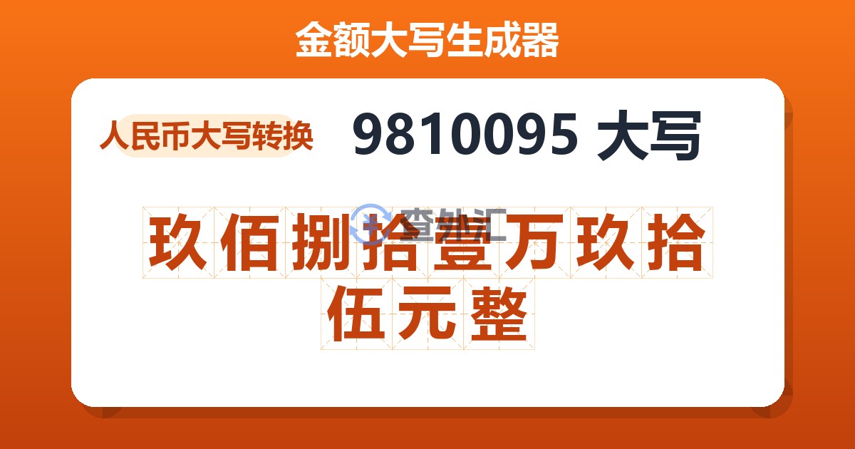 9810095大写 玖佰捌拾壹万玖拾伍元整