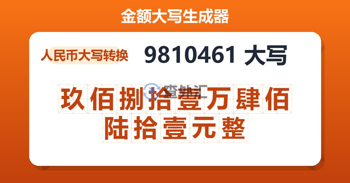 9810461大写 玖佰捌拾壹万肆佰陆拾壹元整
