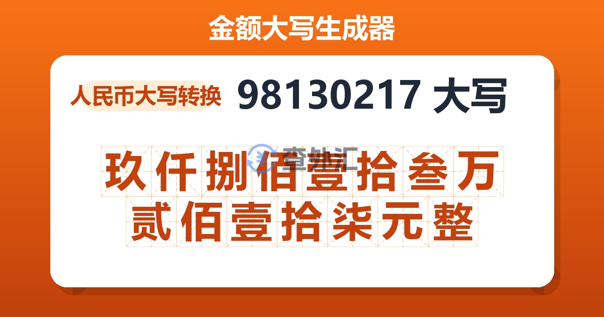 98130217大写 玖仟捌佰壹拾叁万贰佰壹拾柒元整