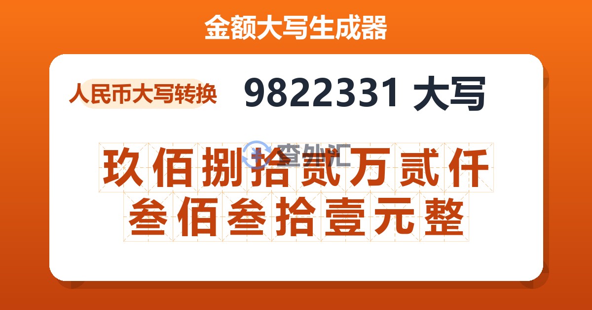 9822331大写 玖佰捌拾贰万贰仟叁佰叁拾壹元整