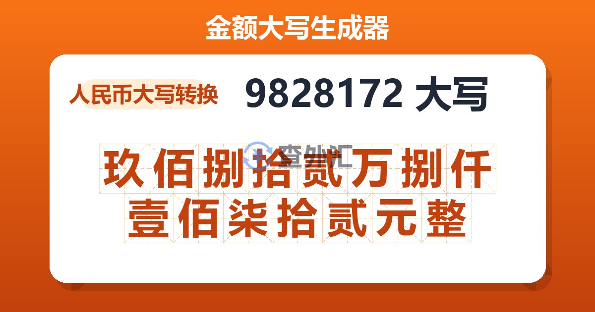 9828172大写 玖佰捌拾贰万捌仟壹佰柒拾贰元整