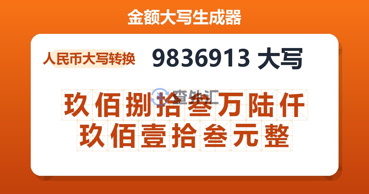 9836913大写 玖佰捌拾叁万陆仟玖佰壹拾叁元整