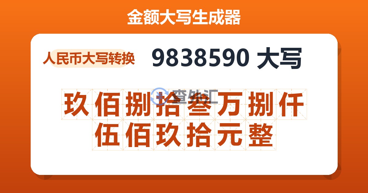 9838590大写 玖佰捌拾叁万捌仟伍佰玖拾元整